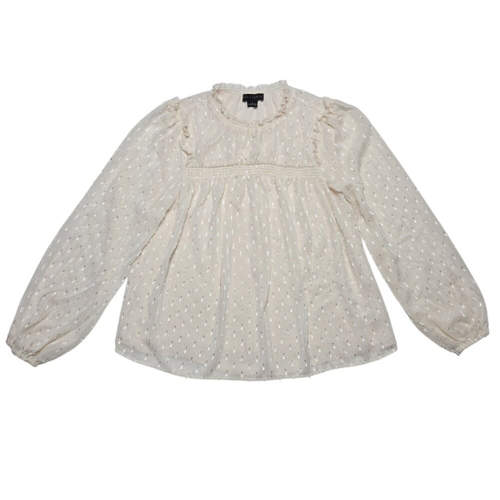 Sanctuary Blouse Womens Small Beige Peasant Top Sheer Lined Clip Dot Long Sleeve